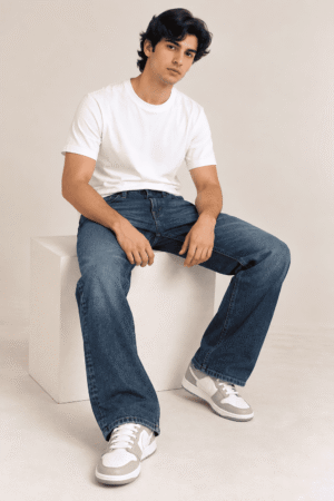 Men's Dark Blue Wide-Leg Denim Jeans